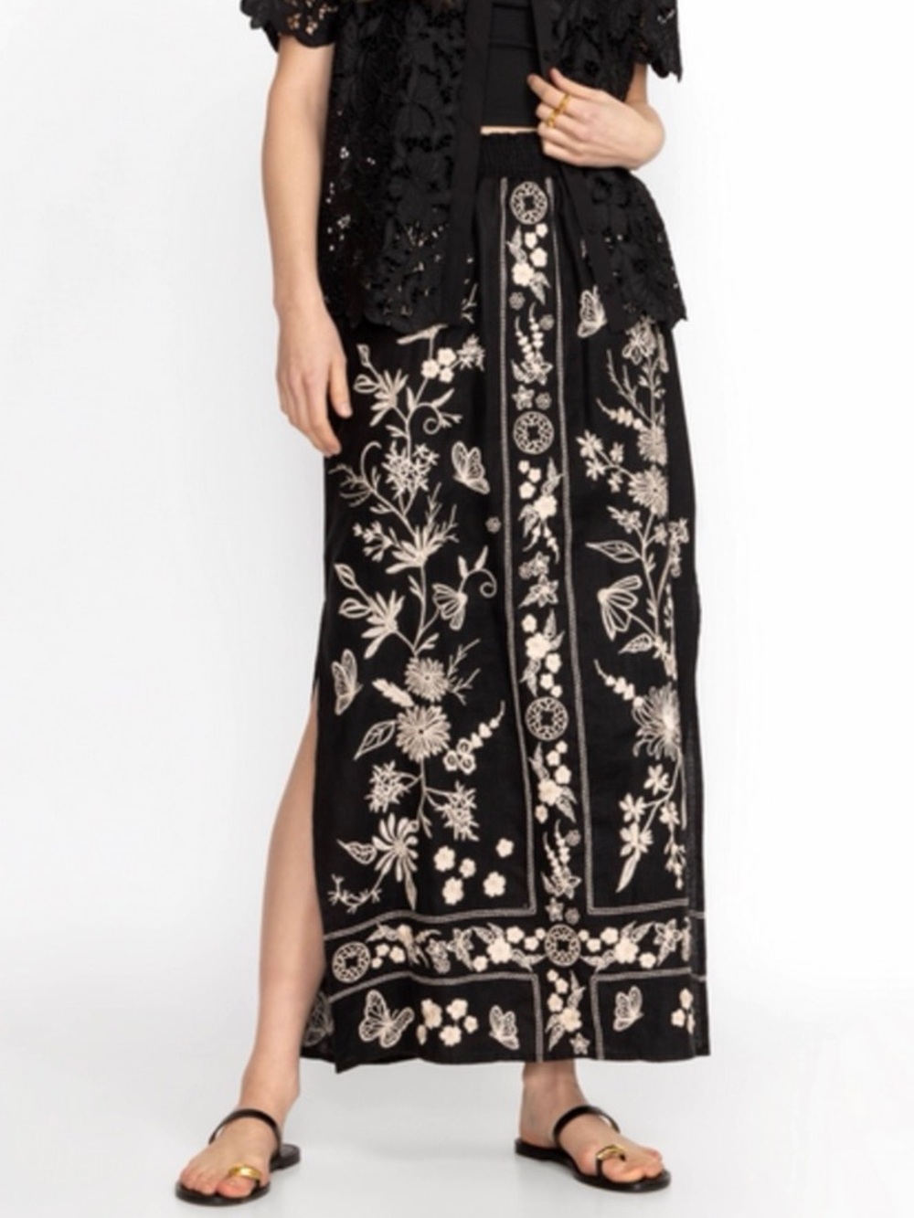 Johnny Was JWLA Black Linen Embroidered Maxi Skirt
